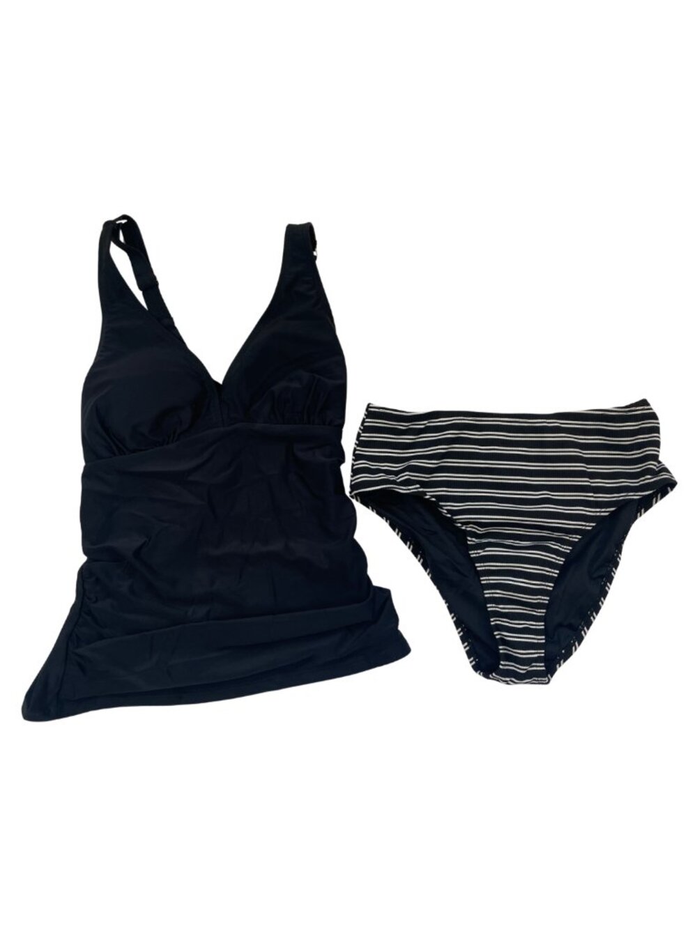 Cupshe Black Plunging Tankini Top & Striped Bottoms Set - Picture 2 of 8